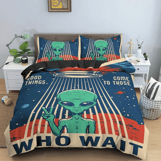 Alien Bedding Set Good Things Come To Those Who Wait Duvet Covers Blue Unique Gift