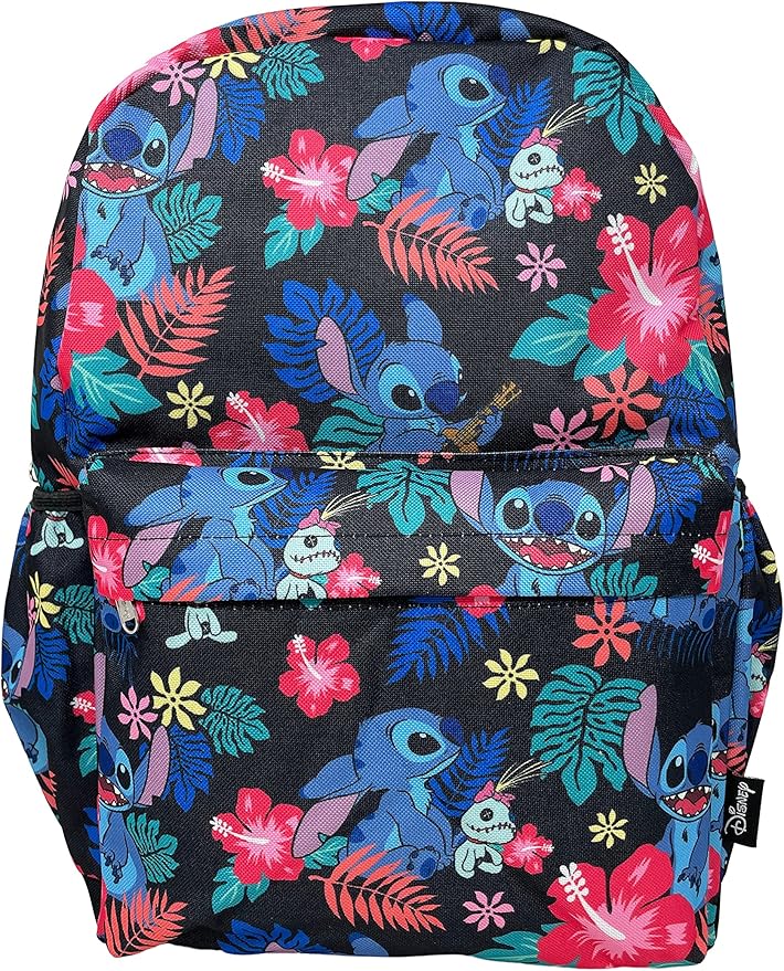 Stitch Backpack DN Stitch Poses Hibiscus Flower Pattern Backpacks Black Blue