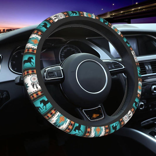 Native America Steering Wheel Cover Native American Tribal Horse Dreamcatcher Driving Wheel Cover White Blue