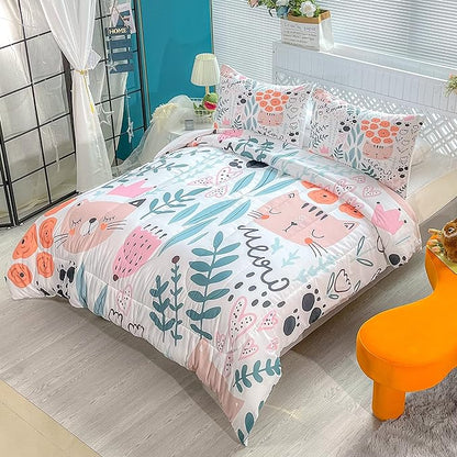 Cat Bedding Set Meow Cat Flower And Leaves Pattern Duvet Covers White Unique Gift