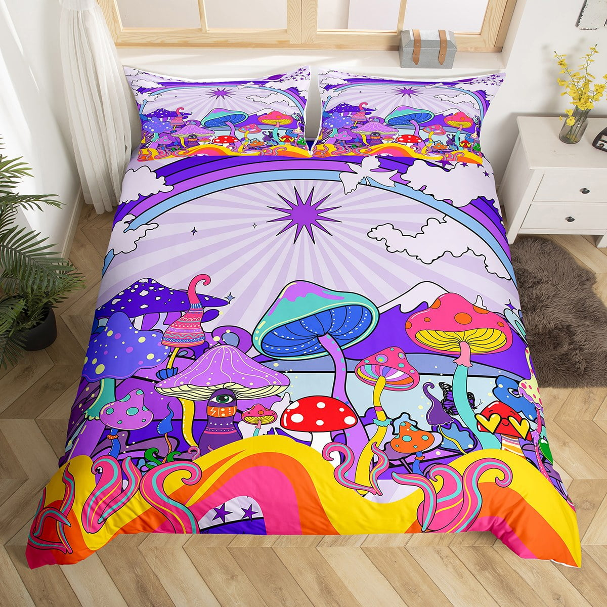 Mushroom Bedding Set Fantasy Fungus Mushroom Pattern Duvet Covers Colorful Unique Gift