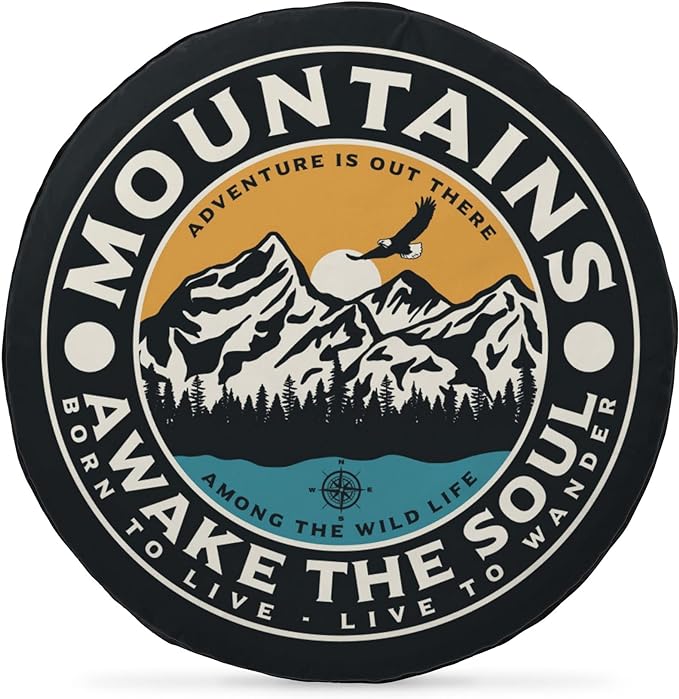 Camping Spare Tire Cover Mountains Adventure Awake The Soul Tire Covers Black