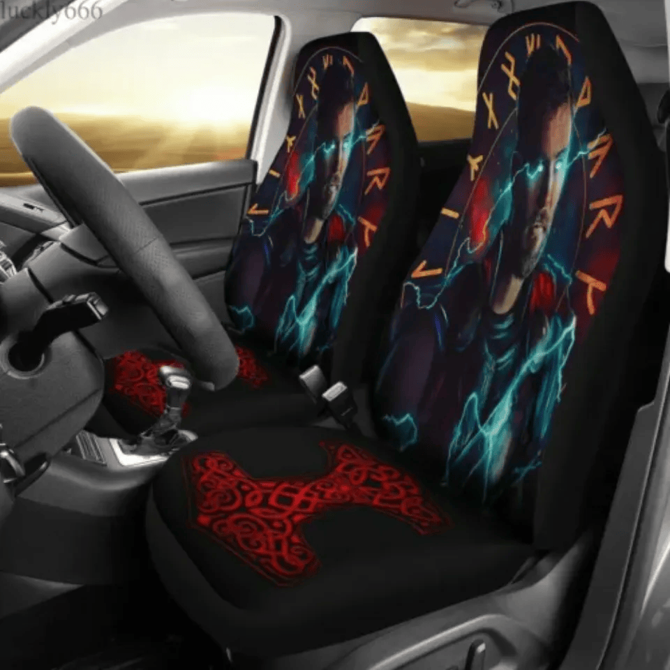 Thor Car Seat Covers MV Thor Odinson Hammer Symbol Seat Covers Black Red