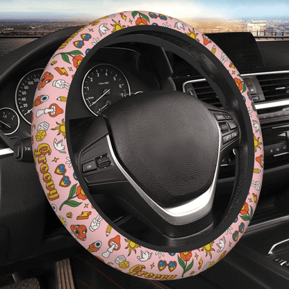 Hippie Steering Wheel Cover Groovy Mushroom Flower Pattern Driving Wheel Cover Colorful