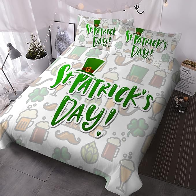 St Patrick Day Bedding Set St Patrick Day Beer And Items Pattern Duvet Covers White Unique Gift