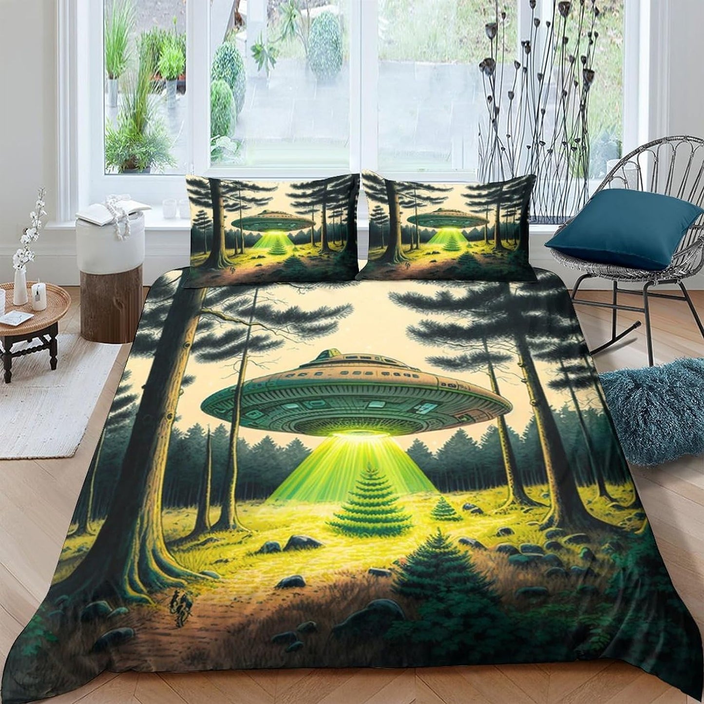 UFO Bedding Set UFO In The Forest Duvet Covers Green Unique Gift