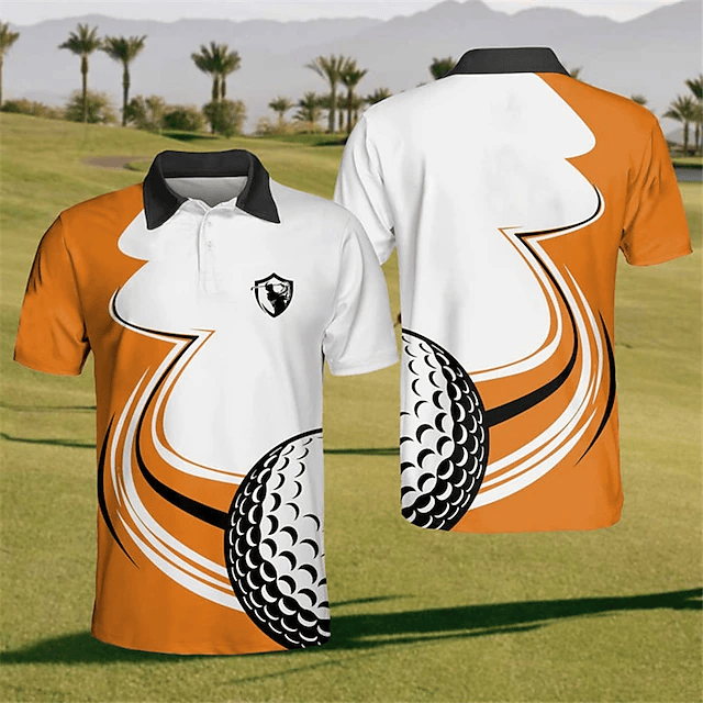 Golf Polo Shirt Golf Ball And Golfer Pattern Golf Shirts White Orange For Men