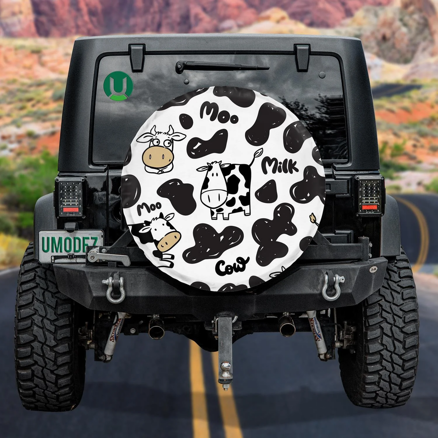 Cow Spare Tire Cover Cartoon Cow Moo Mlik Pattern Tire Covers Black White