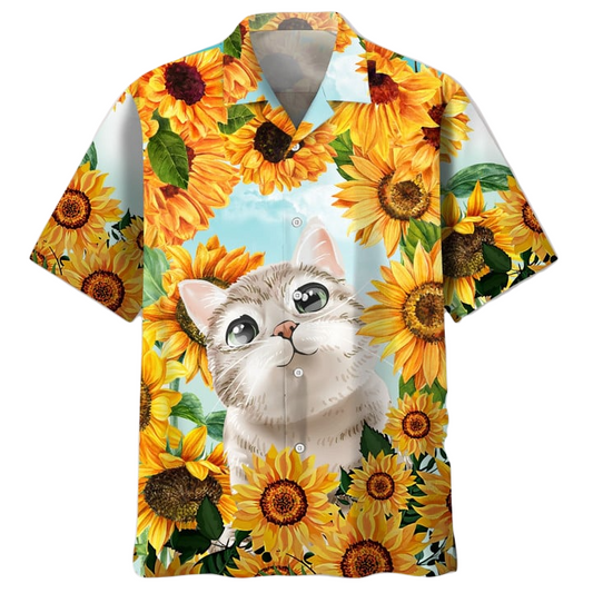 Cat Hawaii Shirt Cat And Sunflower Pattern Hawaiian Shirt Yellow Unisex