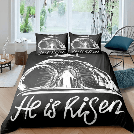 Jesus Bedding Set Jesus He Is Risen Duvet Covers Gray Unique Gift