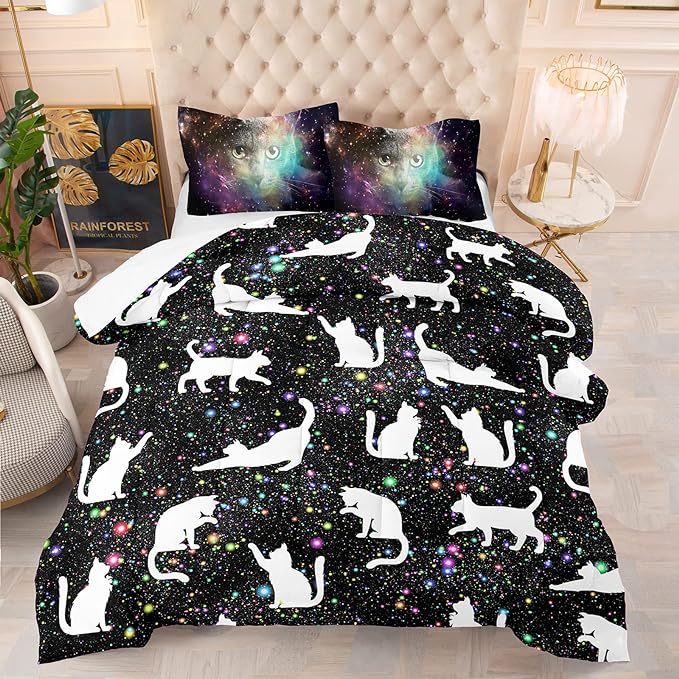 Cat Bedding Set Cat Silhouette Pattern Galaxy Duvet Covers Black White Unique Gift