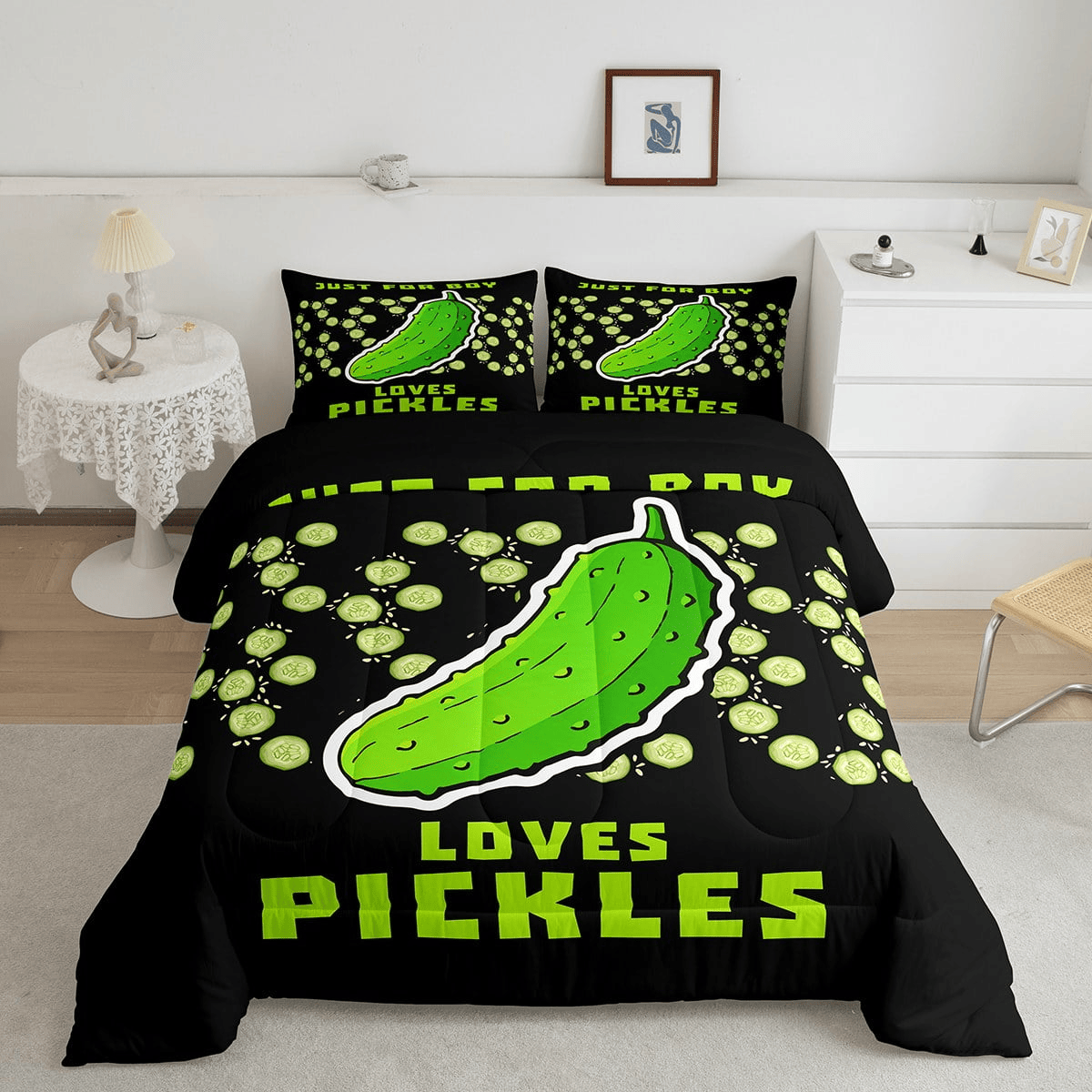 Funny Bedding Set Just for Boy Loves Pickles Duvet Covers Black Green Unique Gift