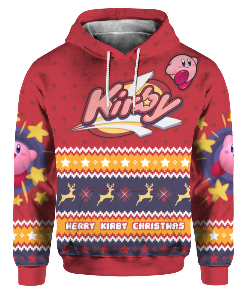 Kirby Hoodie Merry Kirby Christmas Star Pattern Hoodie Red Yellow Unisex