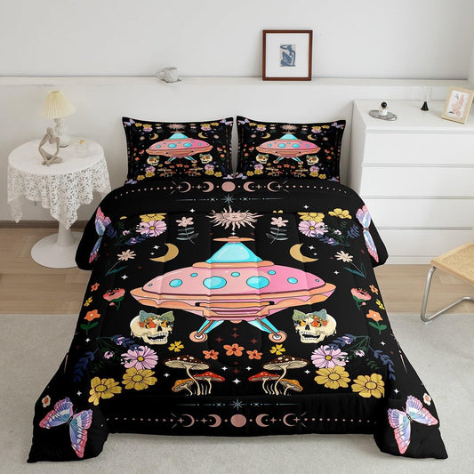 UFO Bedding Set UFO Sugar Skull Flower Mushroom Duvet Covers Colorful Unique Gift