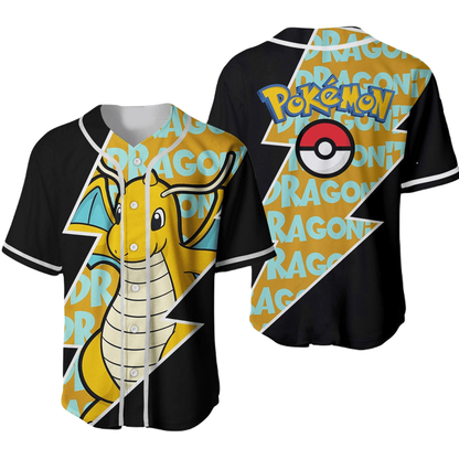 PKM Baseball Jersey Dragonite Graphic PKM Jersey Shirt Black Yellow Unisex Adult New Release