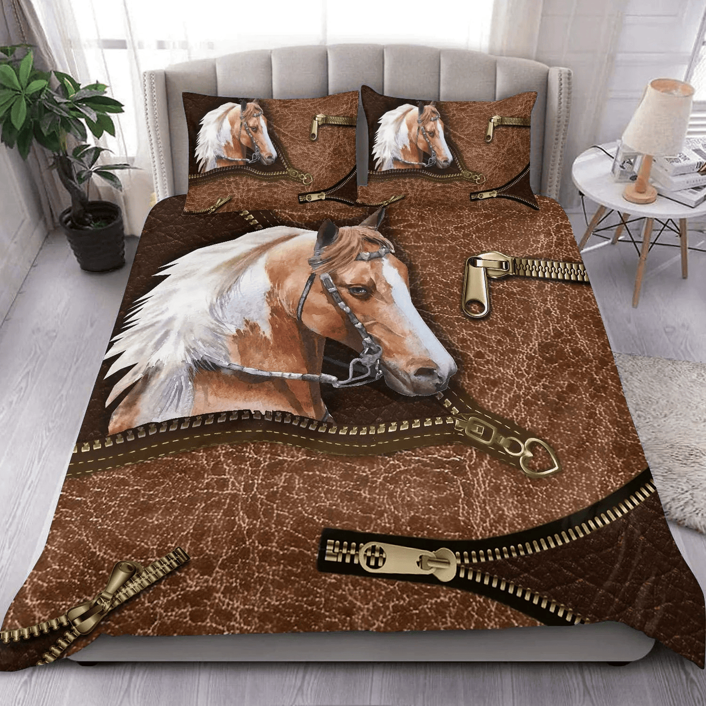 Horse Bedding Set Horse Leather Zipper Pattern Duvet Covers Brown Unique Gift