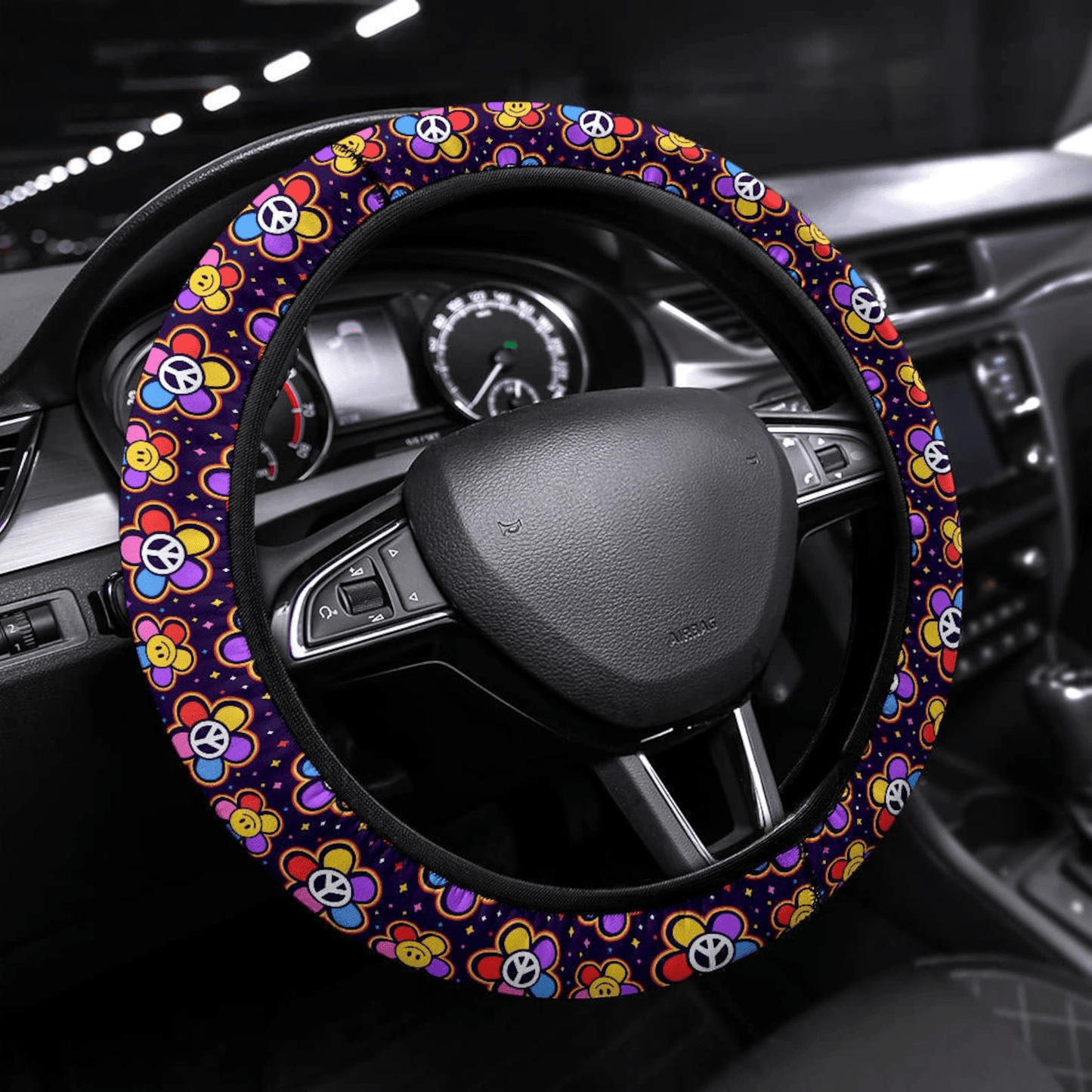 Hippie Steering Wheel Cover Peace Sign Smiling Face Flower Pattern Driving Wheel Cover Colorful