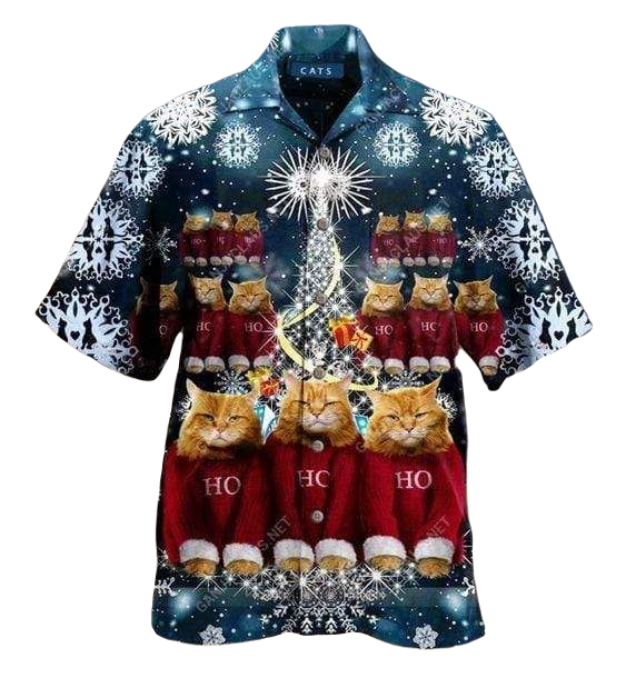 Cat Hawaii Shirt Christmas Cat Ho Ho Ho Hawaiian Shirt Blue Red Unisex