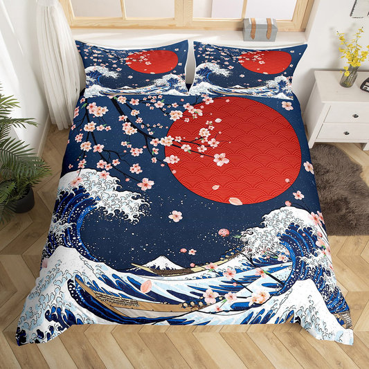 Japan Bedding Set Japanese Ukiyoe Great Wave And Cherry Blossoms Duvet Covers Blue Unique Gift