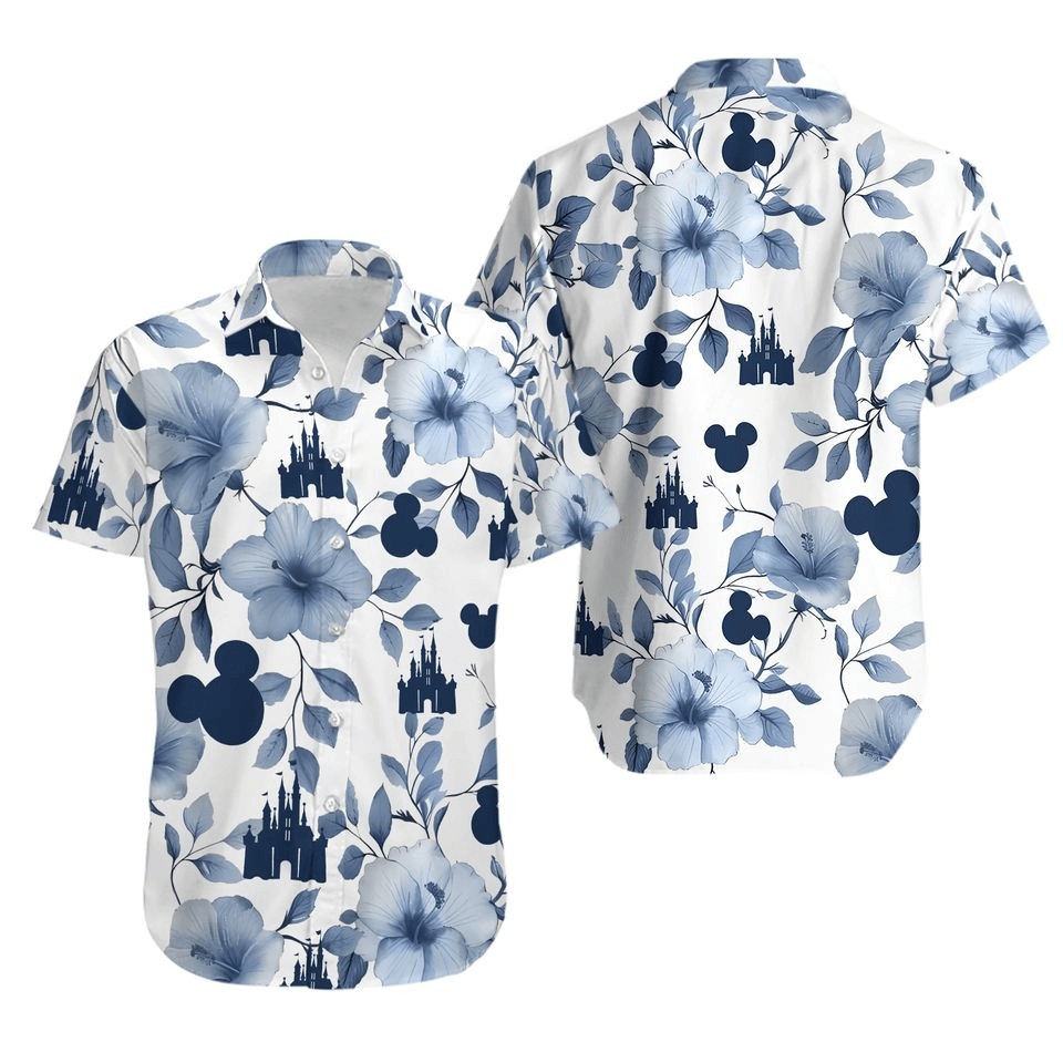 DN Hawaii Shirt DN Castle Mouse Head Flower Pattern Hawaiian Shirt White Blue Unisex