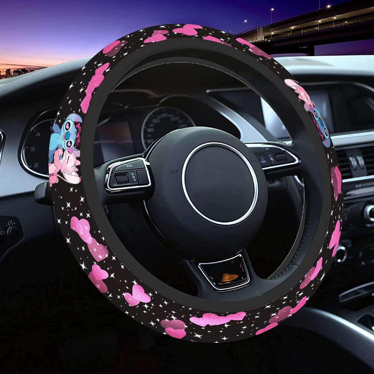 Stitch Steering Wheel Cover Angel Kissing Stitch Pattern Driving Wheel Cover Black Pink