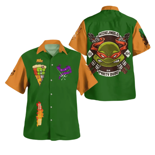 TMNT Hawaii Shirt Ninja Turtle Michelangelo Party Dude 1984 Hawaiian Shirt Green Orange Unisex