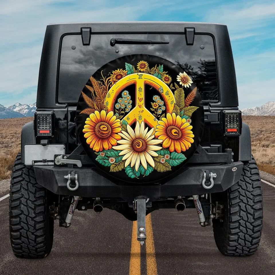 Hippie Spare Tire Cover Hippie Peace Sign Retro Flower Sunflower Tire Covers Black Yellow