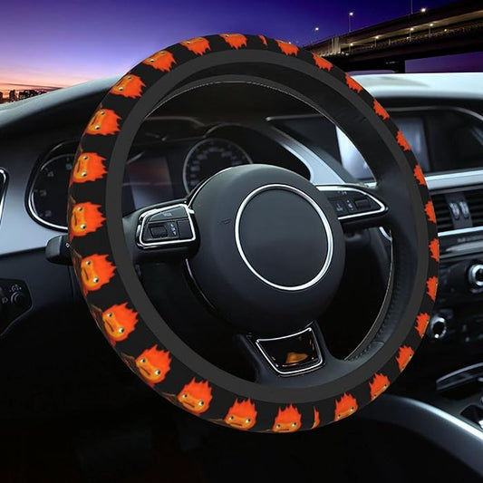 SGhibli Steering Wheel Cover Calcifer Howl's Moving Castle Driving Wheel Cover Black Orange