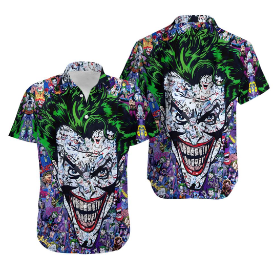 Joker Hawaii Shirt DC All Joker Versions Doodle Pattern Hawaiian Shirt Purple Green Unisex