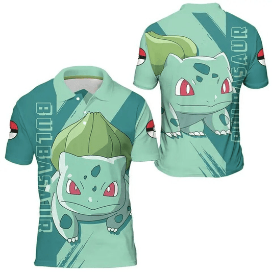 PKM Polo Shirt PKM Starter Bulbasaur Graphic Polo Tees Green