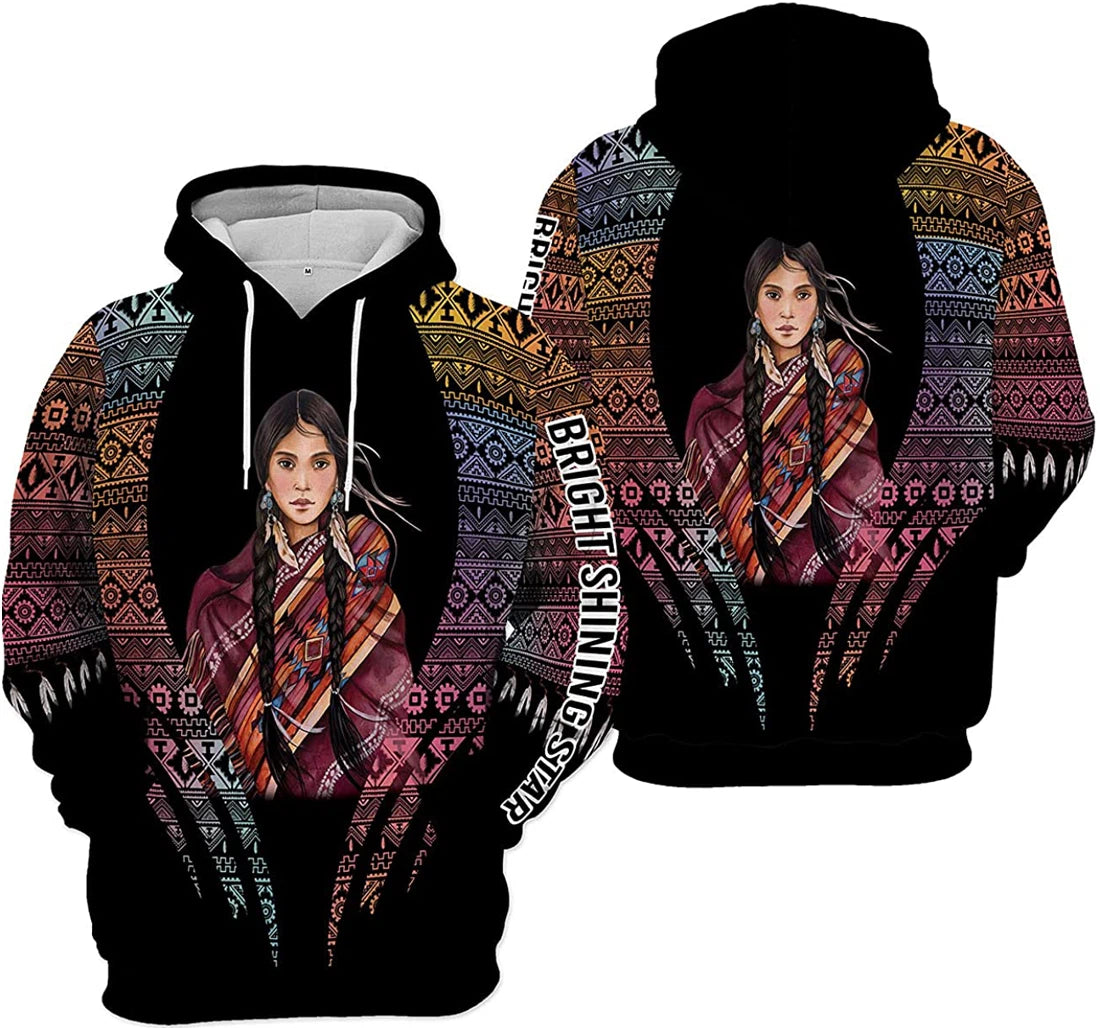 Native American Hoodie Bright Shining Star Girl Indian Hoodie Black Brown Unisex