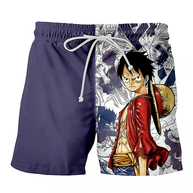 One Piece Shorts Cool Monkey D Luffy Manga Pattern Beach Shorts Purple White