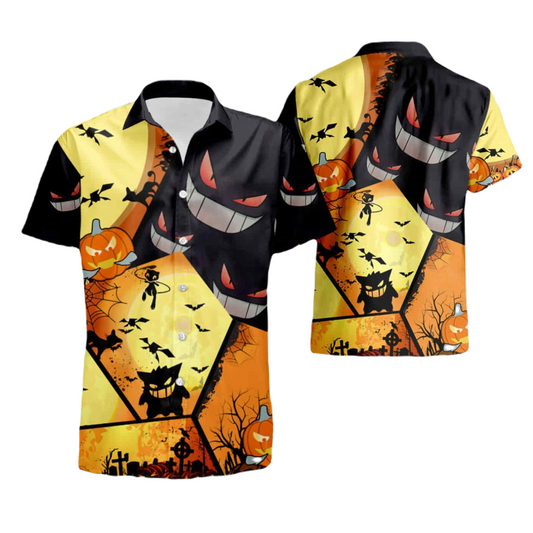 PKM Hawaii Shirt PKM Gengar Halloween Pattern Hawaiian Shirt Black Orange Unisex