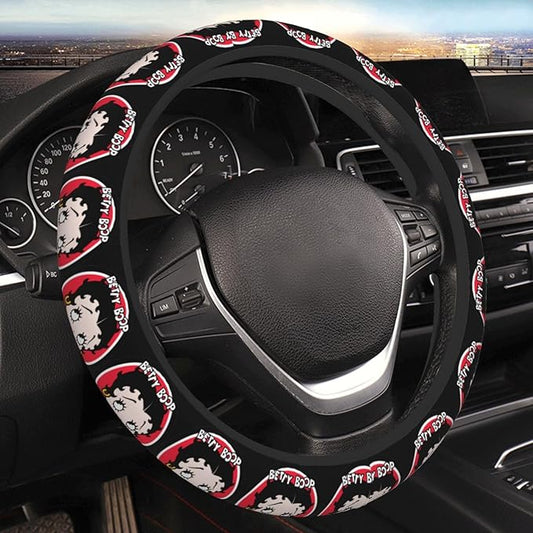 Betty Boop Steering Wheel Cover Betty Poop Girl Pattern Driving Wheel Cover Black Red