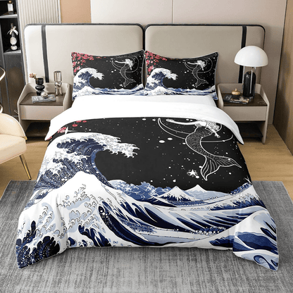 Mermaid Bedding Set Mermaid And The Great Wave Duvet Covers Black Blue Unique Gift