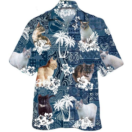 Cat Hawaii Shirt Cat Graphic Polynesian Tribal Pattern Hawaiian Shirt Blue White Unisex