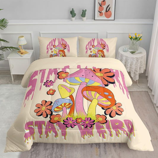 Mushroom Bedding Set Stay Weird Flower And Mushroom Duvet Covers Pink Unique Gift