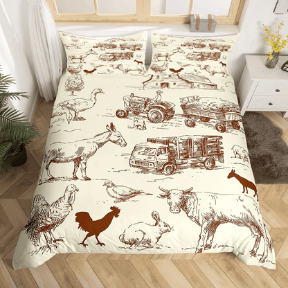 Farmer Bedding Set Farm Animal Cow Chicken Pattern Duvet Covers Brown Unique Gift