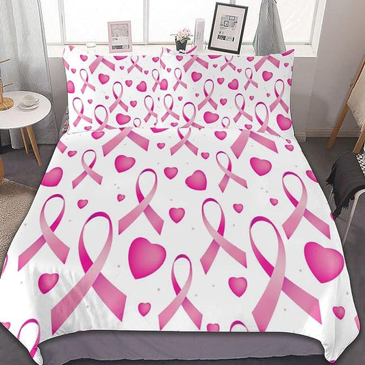 Breast Cancer Bedding Set Breast Cancer Heart And Ribbon Pattern Duvet Covers White Pink Unique Gift