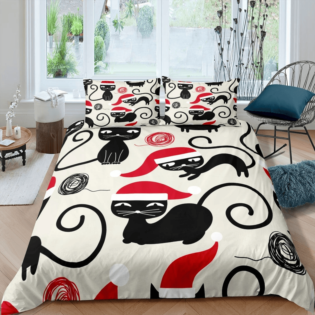 Cat Bedding Set Black Cat With Christmas Cat Duvet Covers Black White Unique Gift