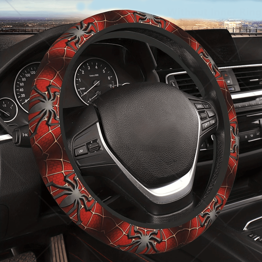 Spiderman Steering Wheel Cover Spiderman Symbol Web Pattern Driving Wheel Cover Red