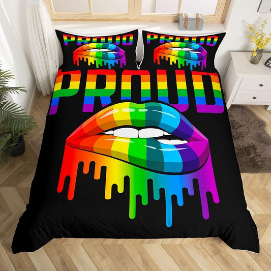 LGBT Bedding Set LGBT Rainbow Stripes Lips Proud Duvet Covers Colorful Unique Gift