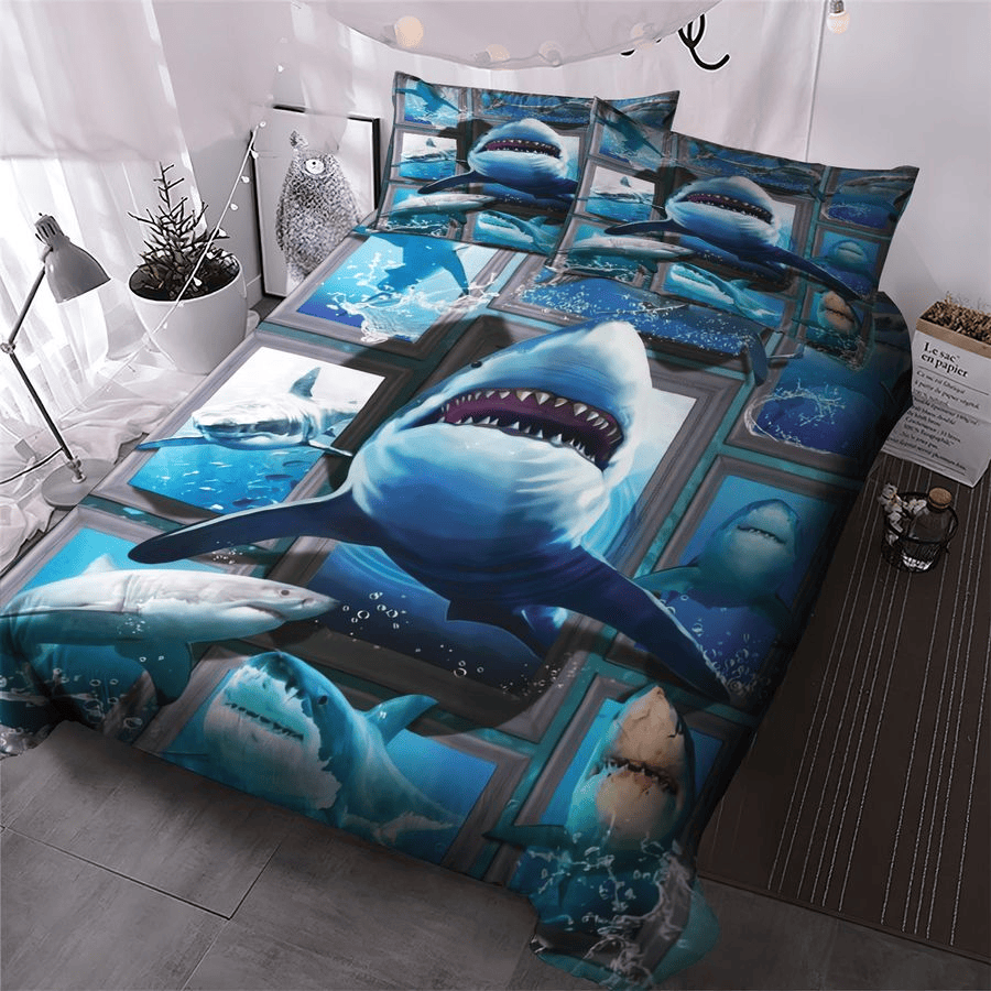 Shark Bedding Set Shark In Th Ocean Graphic Pattern Duvet Covers Blue Unique Gift