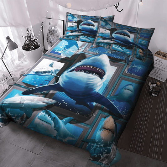 Shark Bedding Set Shark In Th Ocean Graphic Pattern Duvet Covers Blue Unique Gift