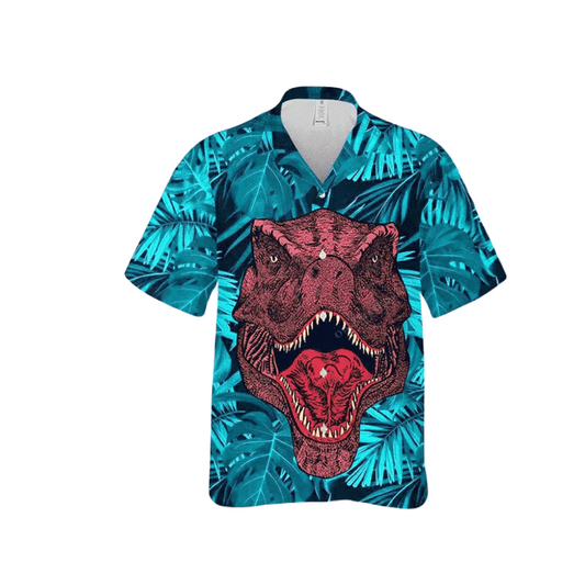 Dinosaur Hawaii Shirt T-Rex Dinosaur Face Tropical Leaves Pattern Hawaiian Shirt Blue Red Unisex