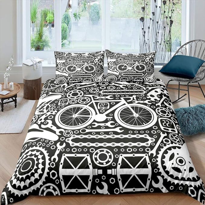 Bicycle Bedding Set All Bicycle Parts Pattern Duvet Covers Black White Unique Gift