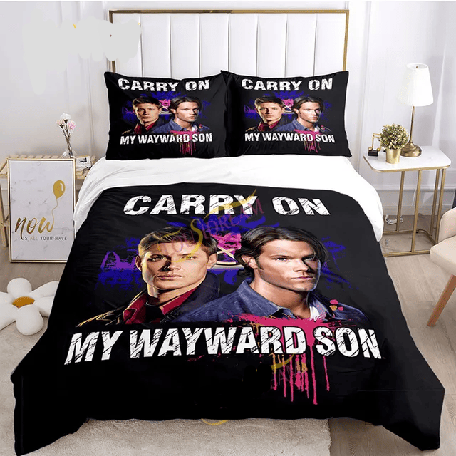 Supernatural Bedding Set Carry On My Wayward Son Duvet Covers Black Unique Gift