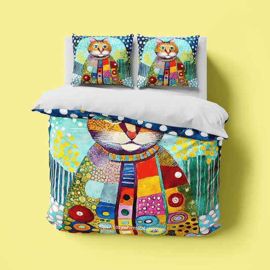 Cat Bedding Set Mosaic Cat Portrait Graphic Duvet Covers Colorful Unique Gift