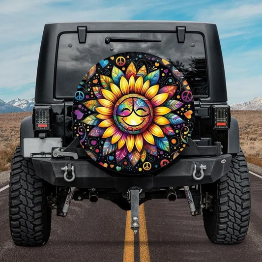 Hippie Spare Tire Cover Boho Retro Hippie Happy Face Sunflower Tire Covers Colorful