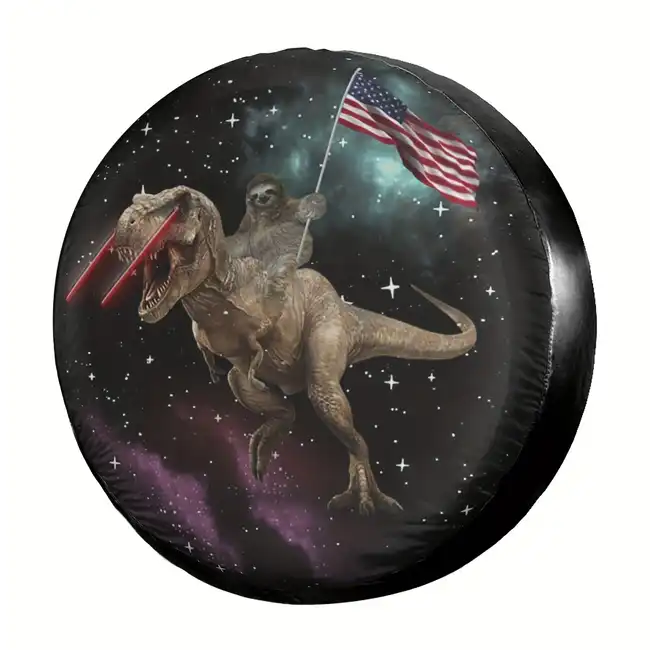 Funny Spare Tire Cover Patriotic Dinosaur And Sloth In Space Tire Covers Black